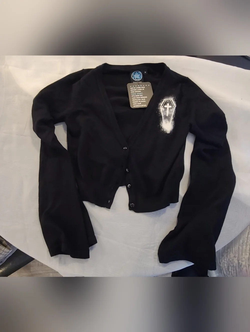 NWT Too Fast Gothic Black Pentagram Cropped Cardigan Bell Sleeves, Med - Picture 6 of 10
